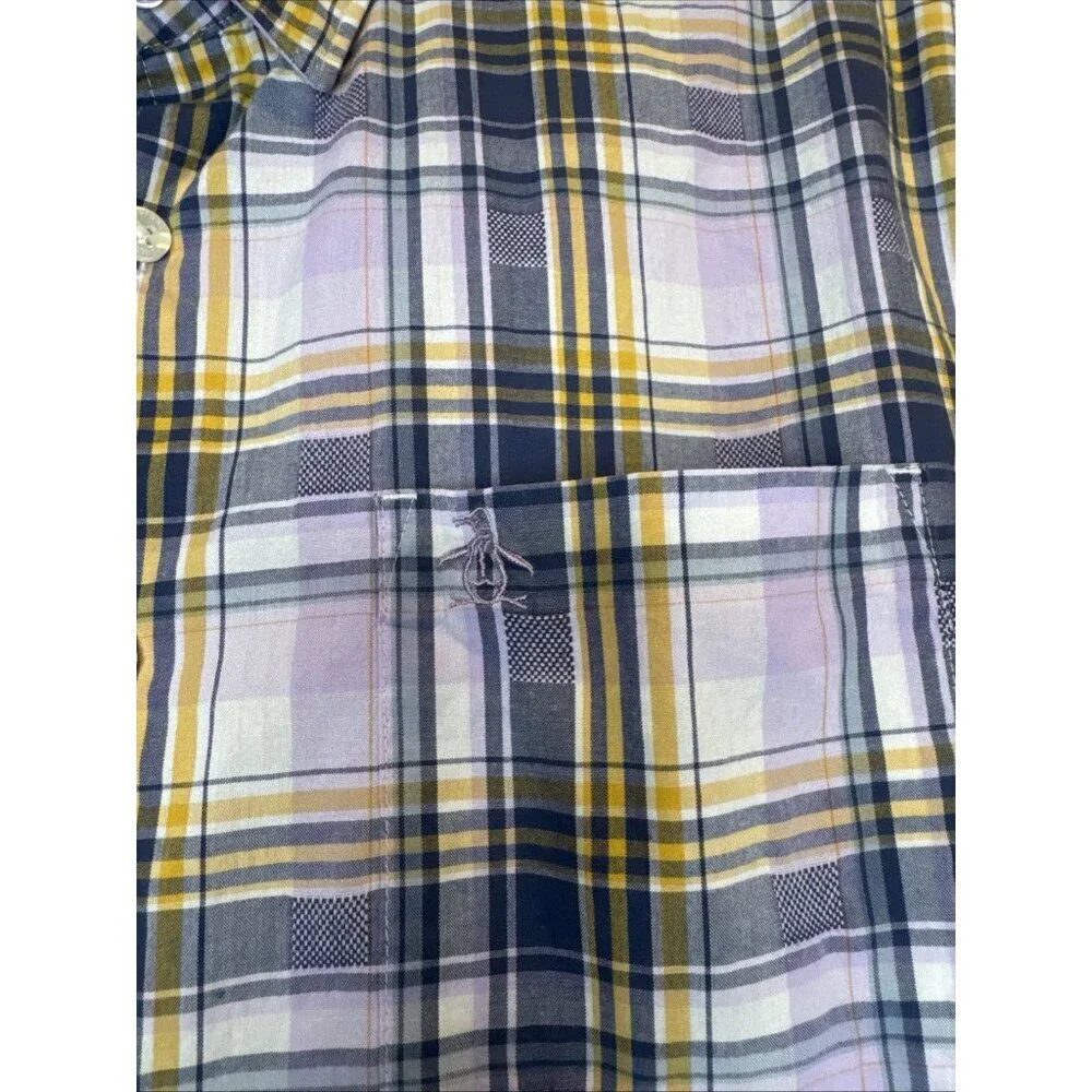 Original Penguin Men’s Cotton Plum Plaid Short Sleeve‎ Button Up Shirt Sz L